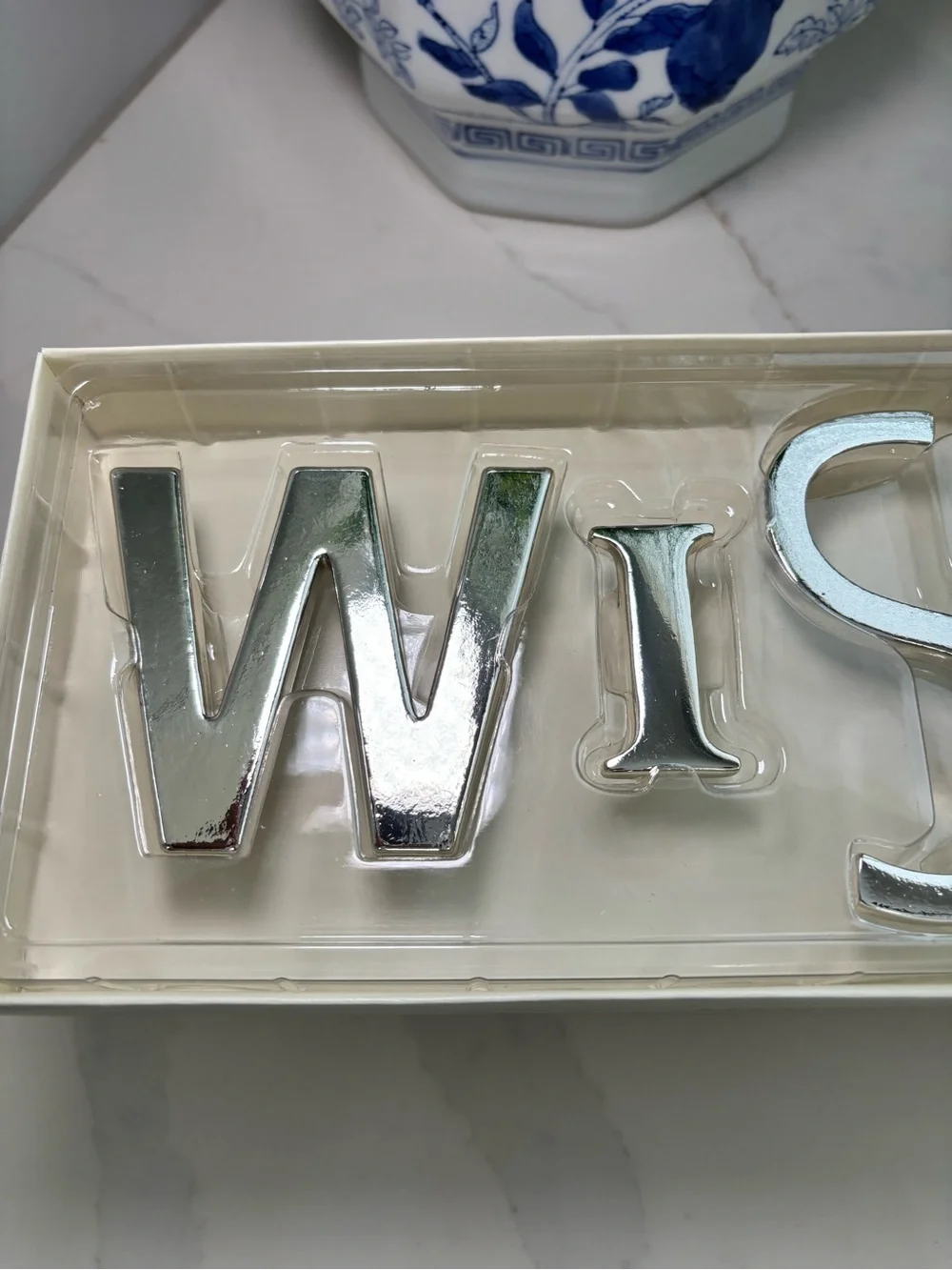 NEW Pottery Barn WISH Shadow Box Board Letter Silver Chrome Mirror Push Pins Set